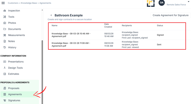 Agrement tab for agreement
